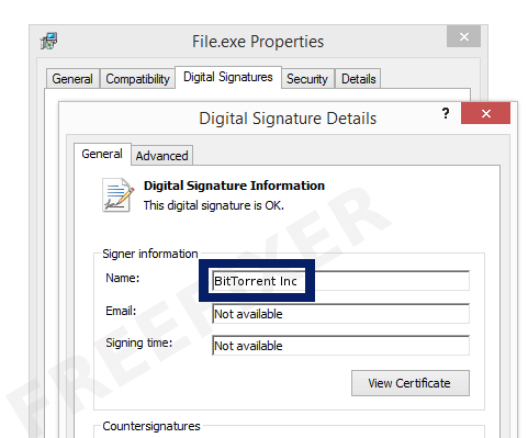 Screenshot of the BitTorrent Inc certificate